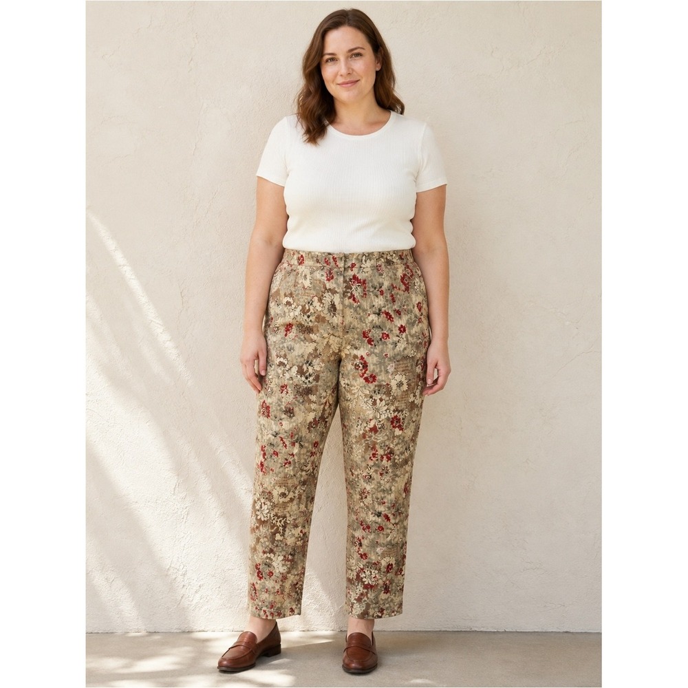 Floral Tapestry Cotton Pants Cottagecore Boho Dana Buchman Sz 12 Stretch Cotton